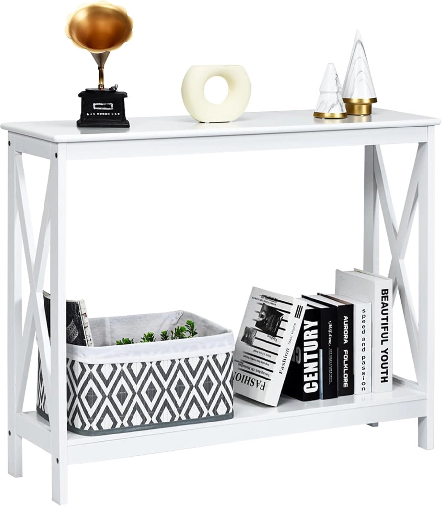Tavolo Consolle a 2/3 Ripiani, Tavolo d’Ingresso in Legno, Mobile Multifunzionale per Soggiorno e Corridoio, 100 x 30 x 80cm, Portata Massima 30 kg (3 Ripiani, Bianco)