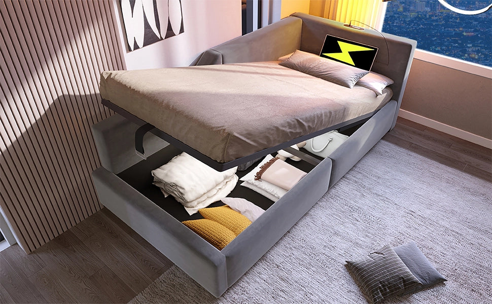 DESMIU Letto con contenitore 90 × 200 cm 1 piazza con lampada da lettura, USB, Type-C e vano, senza materasso, grigio