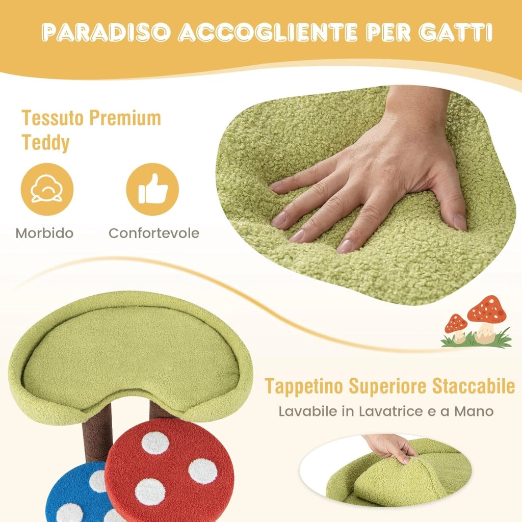 Albero per Gatti 3 in 1, Torre per Gatti a 5 Livelli con 3 Pali in Sisal, Tappetino e Piattaforme Rimovibili, Centro Attività per Gattini a Fungo
