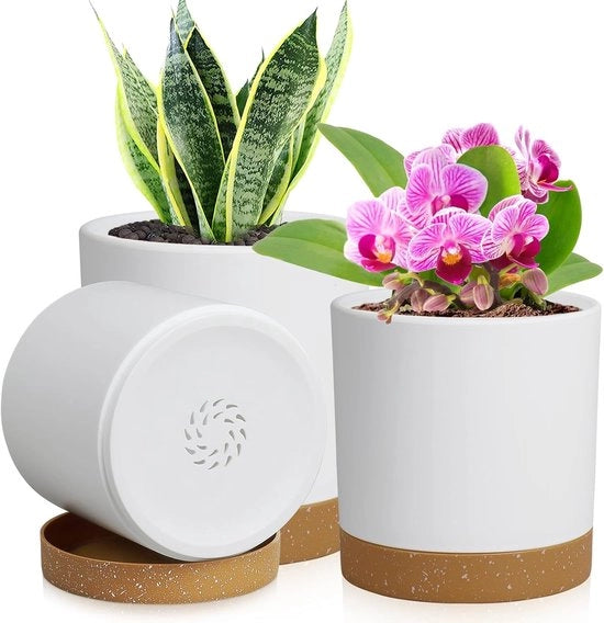 Set di 3 vasi cilindrici per piante, vasi in plastica moderni e piccoli a forma rotonda con fori di drenaggio e scala, vasi puliti e delicati per esterni, interni e decorazione uffici (bianco marrone)