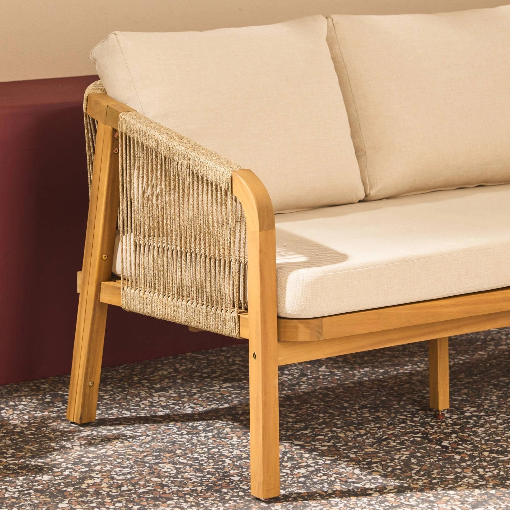 Divano da esterno in legno di acacia e corde, 3 posti, beige