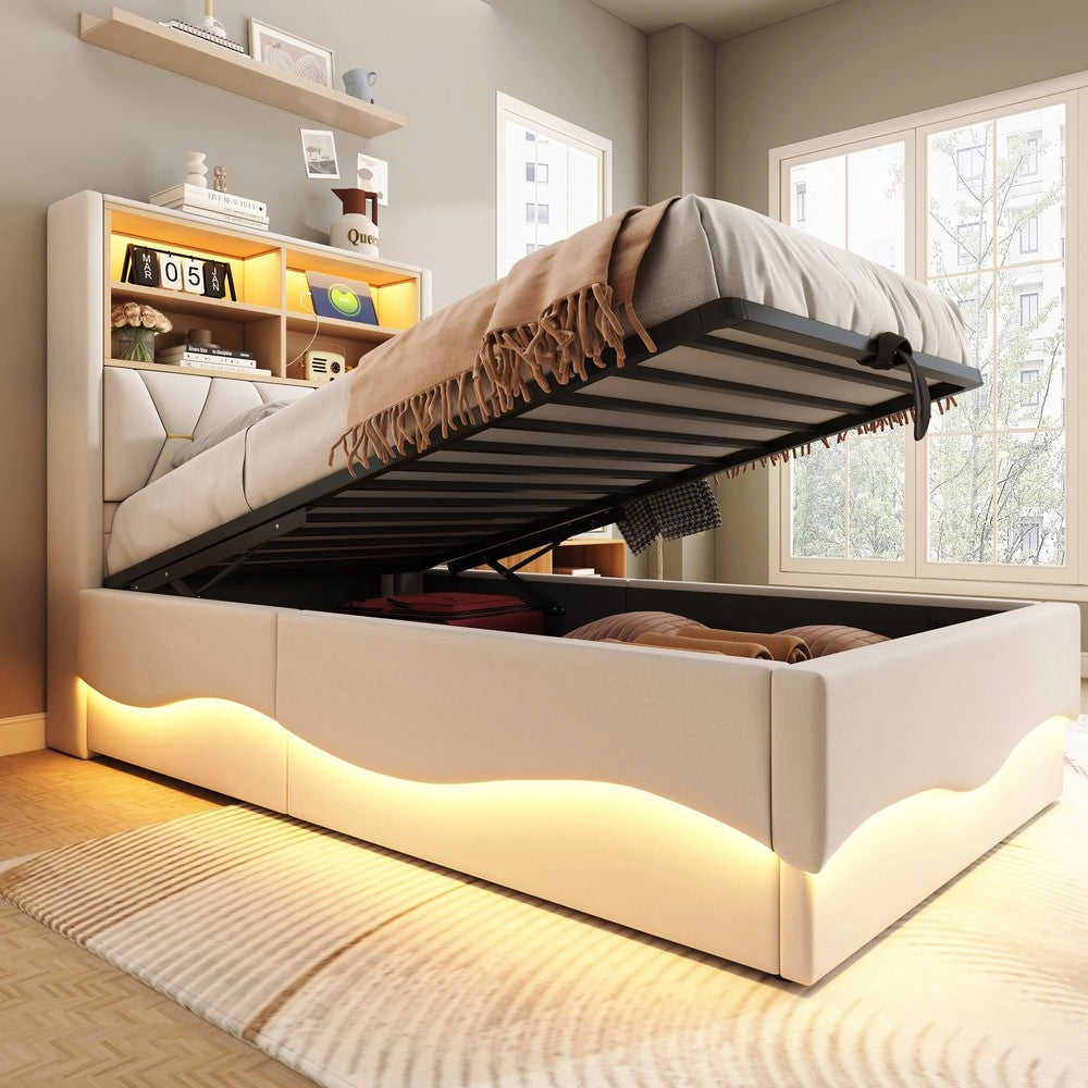 Letto Singolo con Contenitore Idraulico e LED ¨C MINIMAL ¨C 90x200, Lino Beige, Metallo