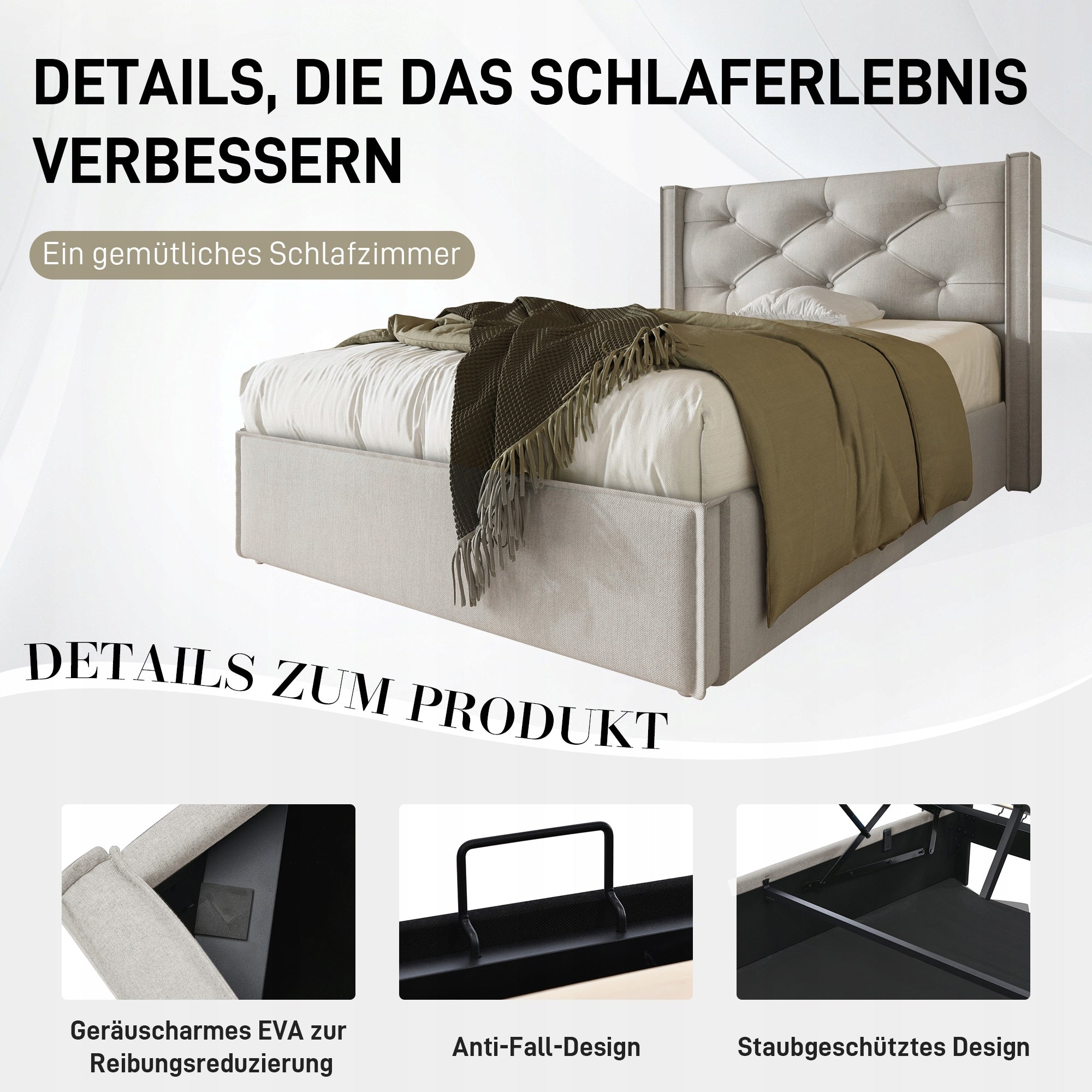 Letto imbottito 90x200 - Xylo - Grigio chiaro con telaio sollevabile