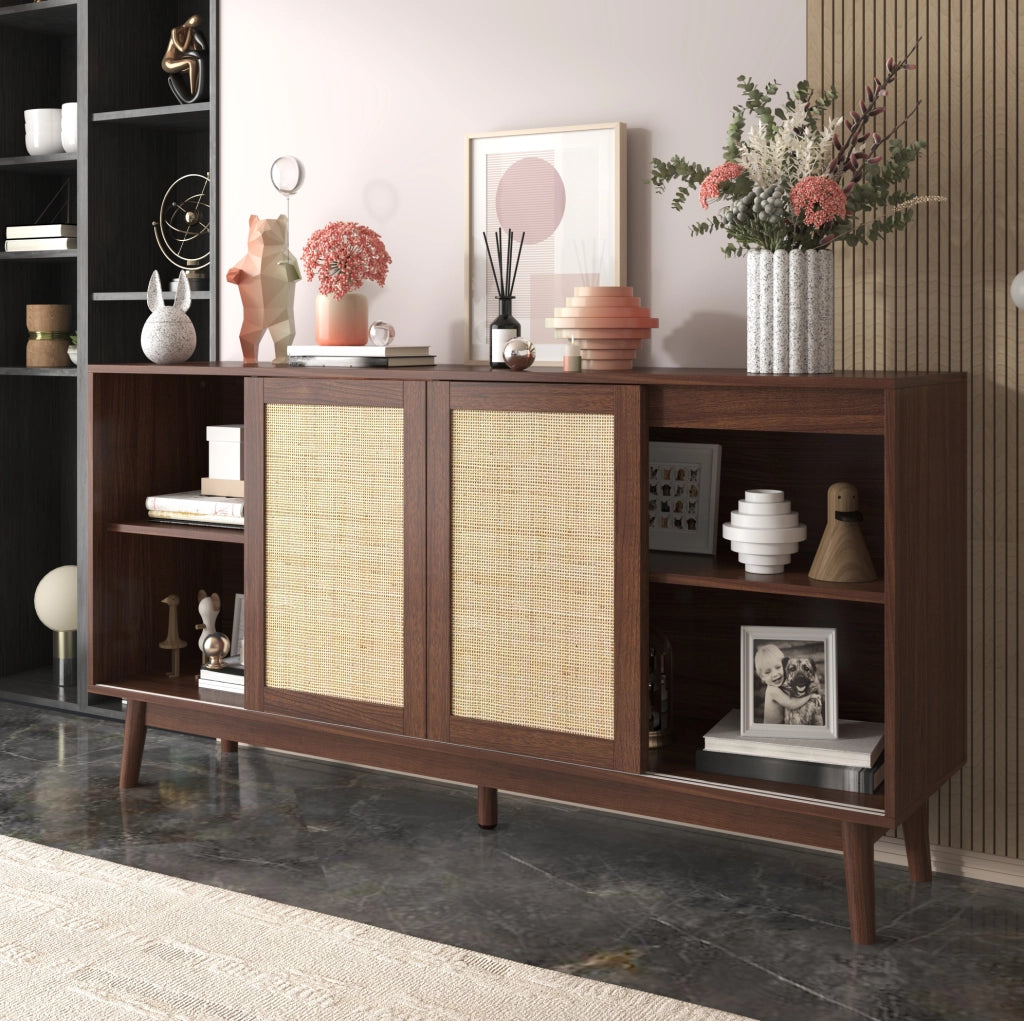 Sideboard 155x38x80 cm con 3 ante scorrevoli in rattan e 2 cassetti