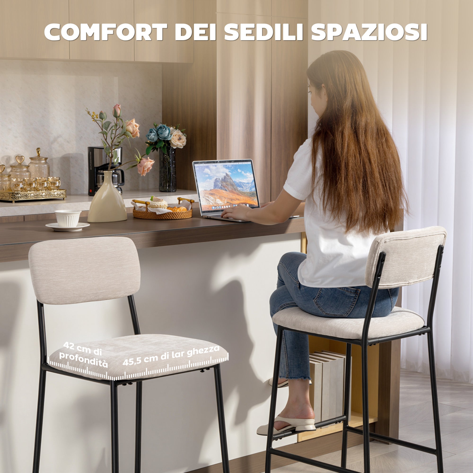 Set 2 Sgabelli da Bar con Schienale Alto Poggiapiedi e Rivestimento in Ciniglia Crema