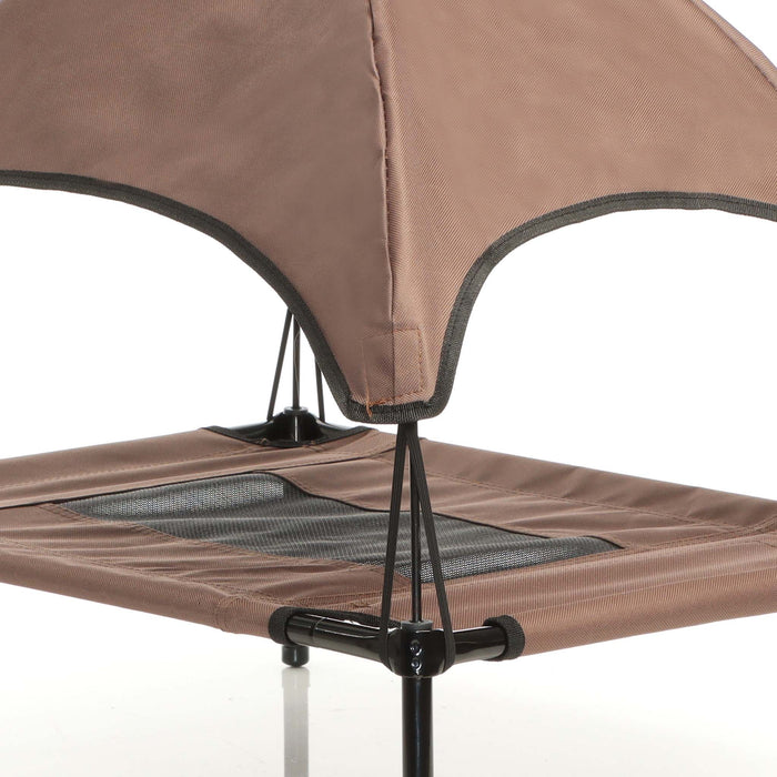 Brandina per cani e gatti con tettoia marrone, cuccia per cani max 35kg, lettino da esterno per animali con tettuccio parasole, 91x76x16cm