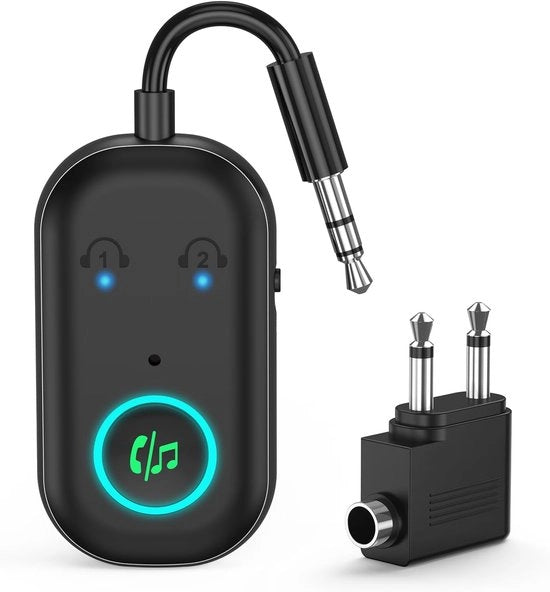 Adattatore Bluetooth 5.3, ricevitore e trasmettitore, compatibile con auto, TV, autoradio e fitness, con ingresso 3,5 mm, supporta fino a 2 cuffie, autonomia massima 16H.