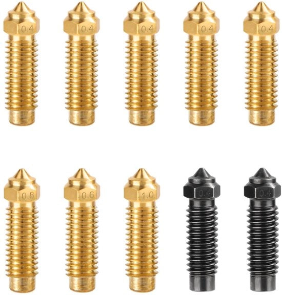 Accessori per stampante 3D - 10 pezzi - Stampa in ottone - 5 x 0,4 mm - 1 x 0,6 mm - 1 x 0,8 mm - 1 x 1,0 mm - Finishing dorato/nero - Spout per stampante 3D