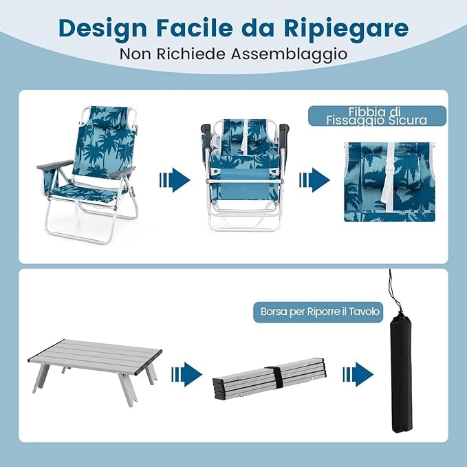 Set di Sedie e Tavolino da Giardino, Tavolo Laterale e Sedie Pieghevole con Schienale Regolabile a 5 Angolazioni, Struttura in Alluminio e Portabicchieri,Set di Mobili per Picnic (Blu)