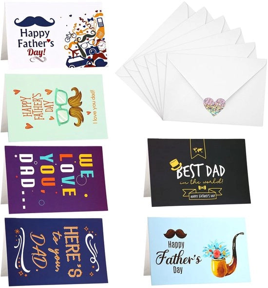 Carta di auguri per il Giorno del Padre - Set di 6 stili - Carte di auguri - Buste - Etichette - Carte di auguri in carta - Dimensioni 20x15cm - Carta di auguri personalizzata