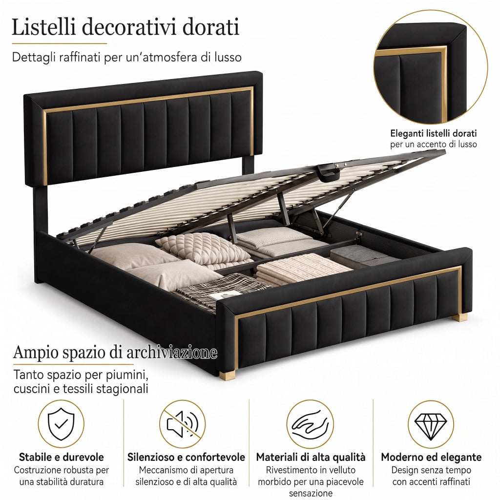 Letto matrimoniale con contenitore idraulico, velluto nero, testiera imbottita con finiture dorate, struttura robusta, dimensioni 160x200 cm, max portata 250 kg