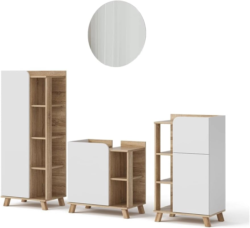 Set di mobili da bagno Karen, Sonoma/Bianco, 60 cm, composto da mobile lavabo, pensile a specchio, colonna e base media