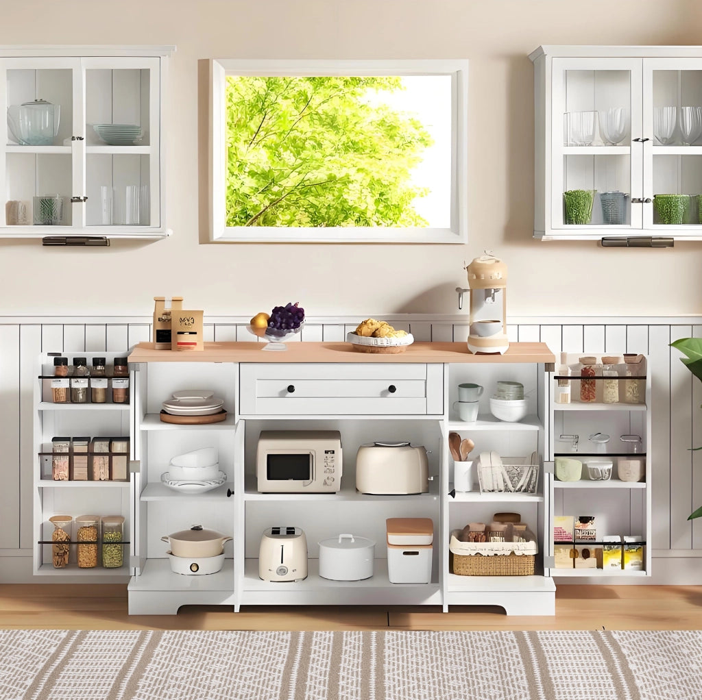 Credenza moderna da cucina 138 cm con cassetto e ante; in MDF naturale e bianco