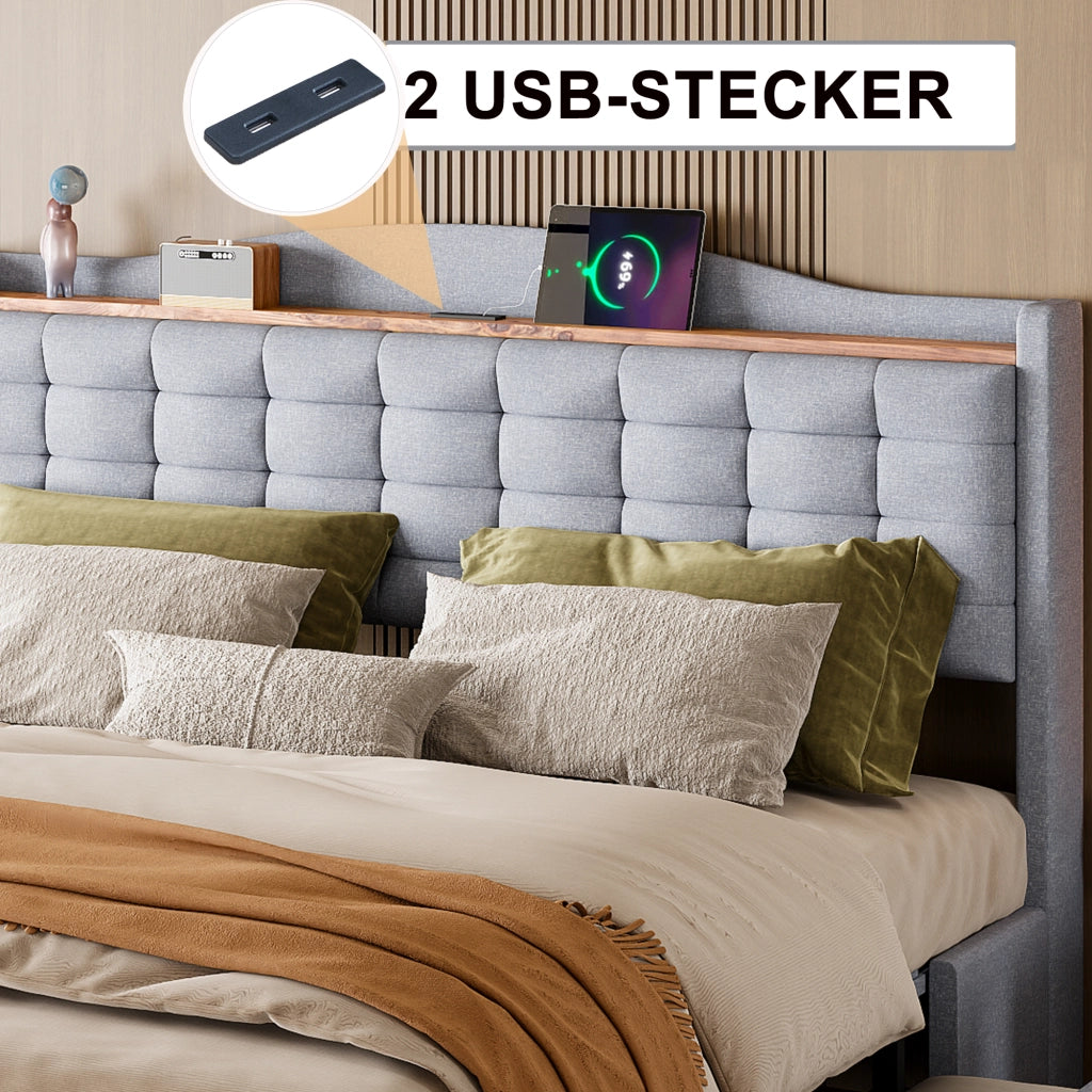Letto Contenitore Letto Matrimoniale 160x200 cm; USB; Mensola e 4 Cassetti; Grigio