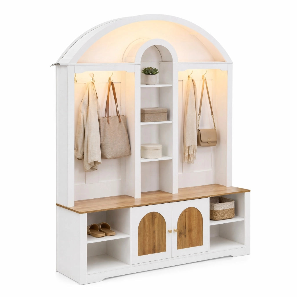 Garderobiera ingresso in MDF bianco con ante effetto legno; 150x40x195 cm; con ganci e LED USB