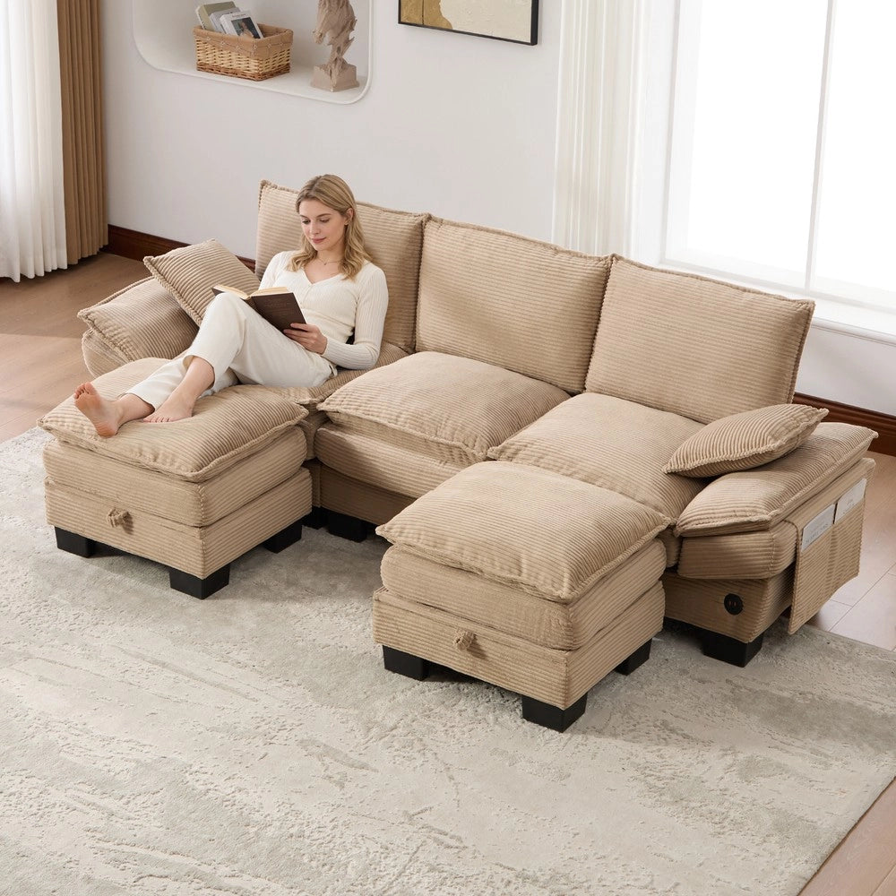 Divano 3 Posti con 2 Poggiapiedi ¨C Xylo ¨C Tessuto Cordato, Cuscini, Beige
