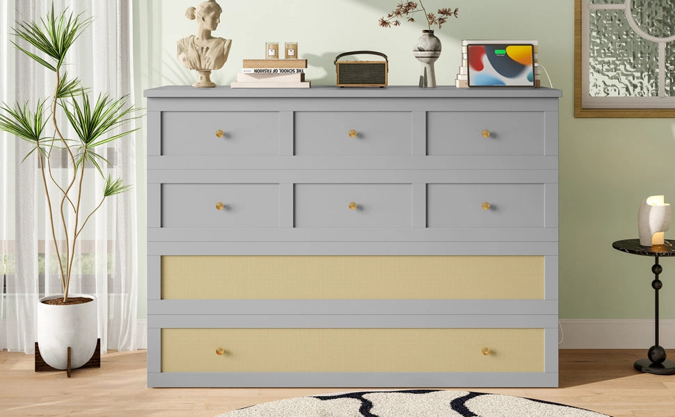 DESMIU Letto combinato 2 posti con cassetto, USB e presa, 140 × 200 cm, senza materasso, MDF, grigio