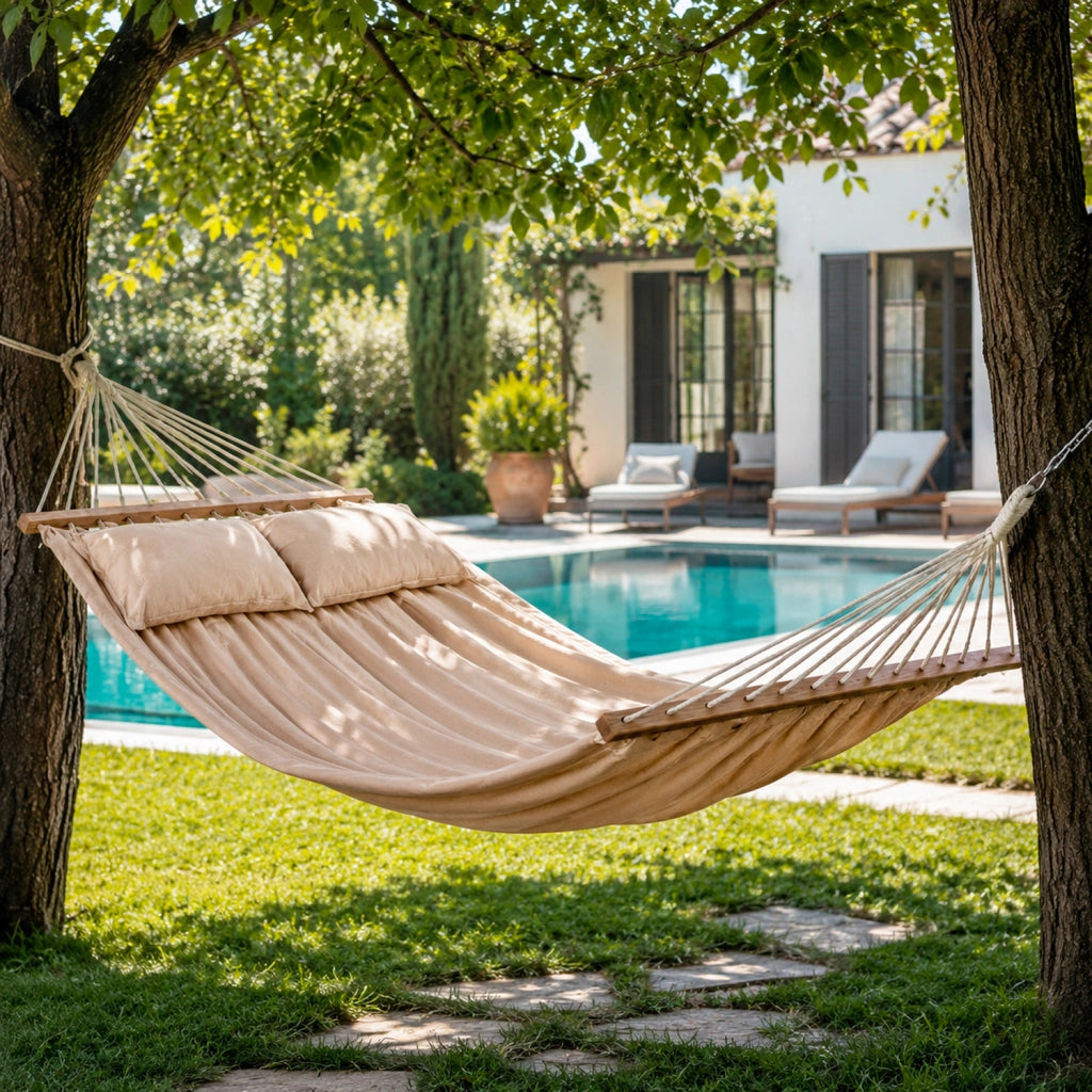 Amaca Matrimoniale Da Giardino Con Barre In Legno E Cuscini Inclusi In Cotone E Poliestere Resistente Per Piscina Terrazzo Relax Outdoor 300 Kg 240 X 150 Cm Beige