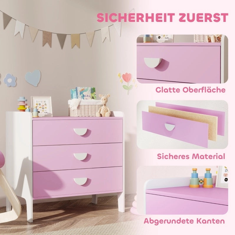 Cassettiera per bambini rosa e bianca con 3 cassetti