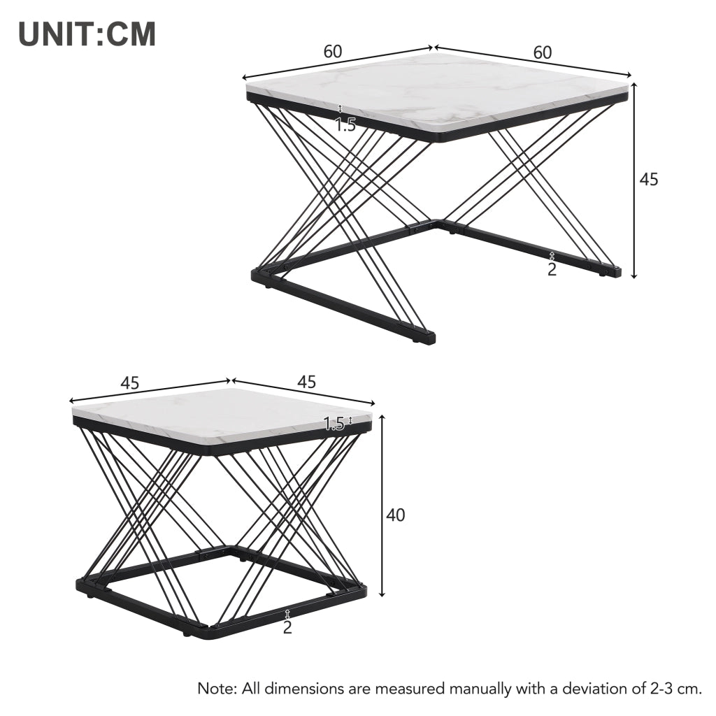 Set di 2 tavolini da caffè 60x60x45 cm e 45x45x40 cm; effetto marmo lucido; MDF; bianco nero