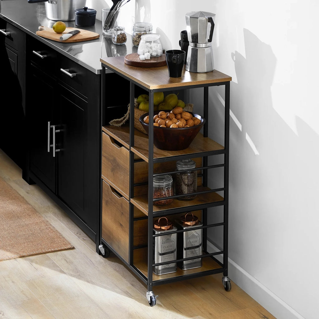 Carrello da cucina con 2 cassetti e 3 ripiani, Carrello da servizio, Carrelli portaoggetti FKW111-PF
