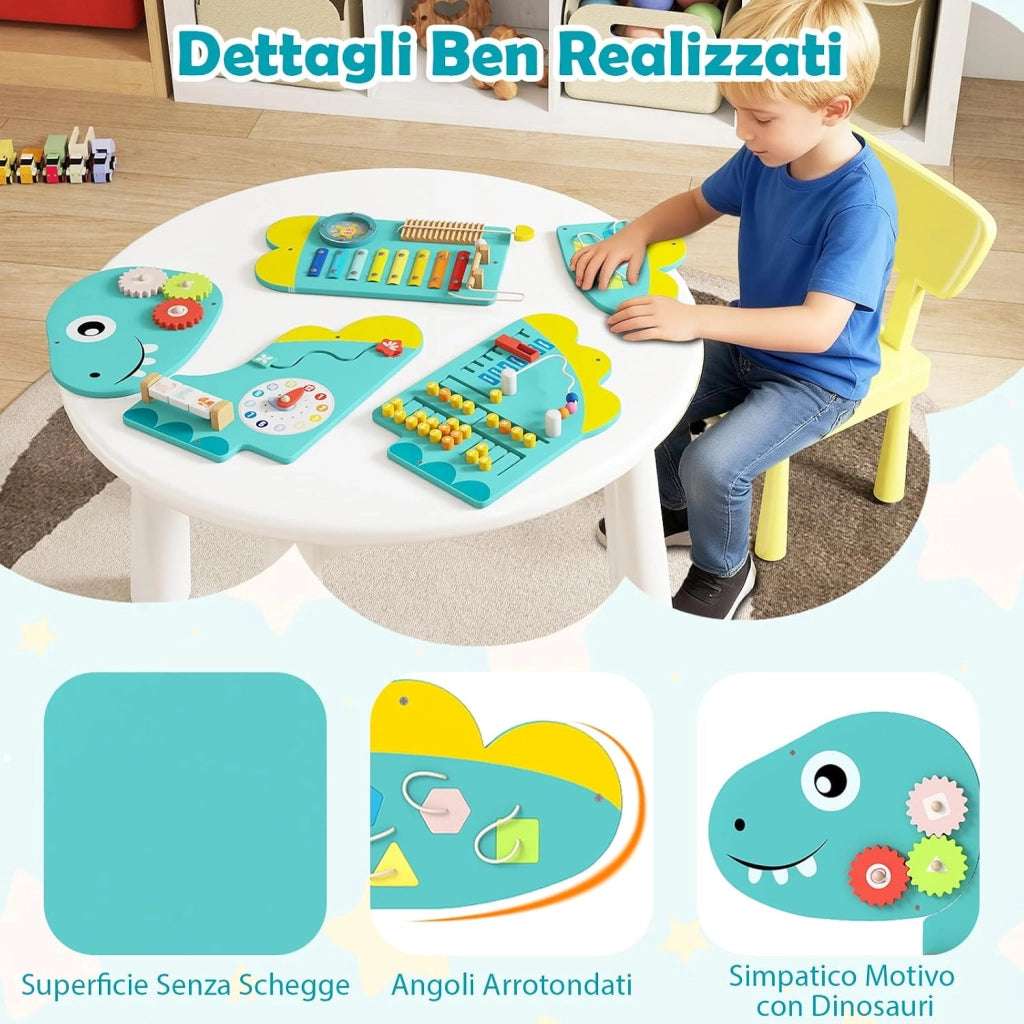 Pannelli da Parete con attività, Busy Board 11 in 1 Montessori in Legno per Sviluppo Sensoriale, Centro di attività Educativo Montato a Parete per Stanza Giochi, Asilo Nido (Dinosauro Verde)