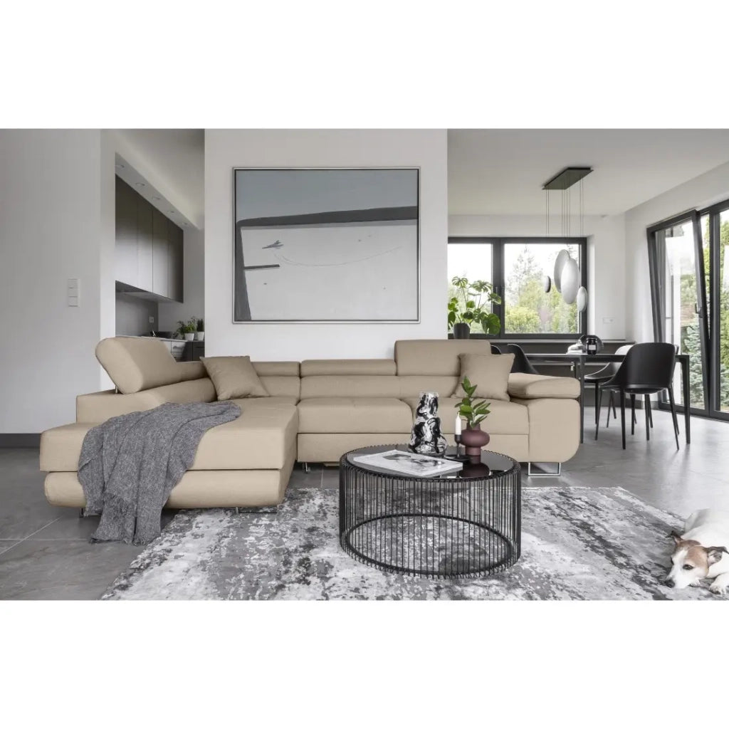 Divano angolare trasformabile MENTON beige in velluto – Angolo sinistro con baule