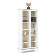 Vetrina Hudhud, Credenza espositiva, Vetrinetta multiuso, Madia da soggiorno, 89x36 h203 cm, Bianco e Quercia