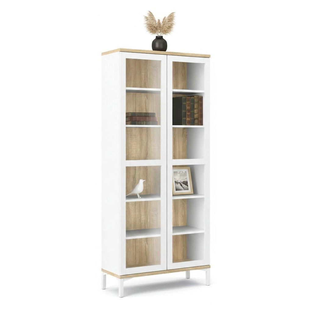 Vetrina Hudhud, Credenza espositiva, Vetrinetta multiuso, Madia da soggiorno, 89x36 h203 cm, Bianco e Quercia