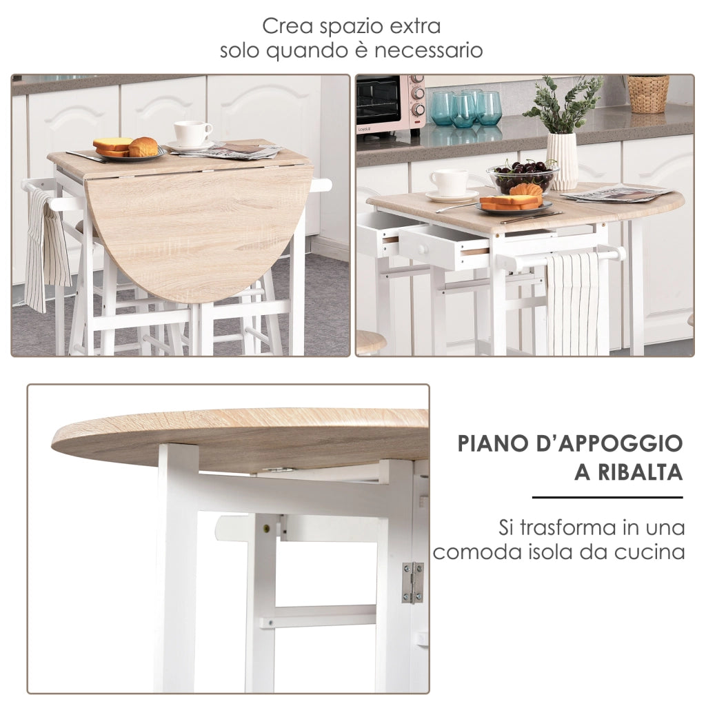 EasyComfort Carrello da Cucina Pieghevole, Mobile da Cucina Salvaspazio con 2 Sgabelli 2 Cassetti 5 Ruote (Rotazione 360°), Legno MDF Bianco