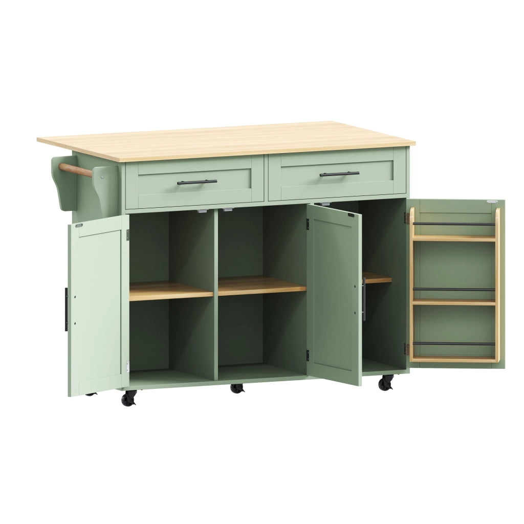 Isola Cucina Mobile 129x46/71x91,5 cm Verde Antico con Piano Ribaltabile, 2 Cassetti e 5 Ruote