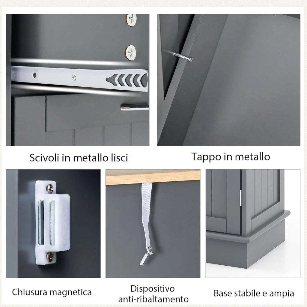 Credenza Cucina, Mobile per Pattumiera Ribaltabile con Piano in Legno di Gomma 2 Cassetti e Ripiano Regolabile, 100x35,5x90 cm (Grigio)