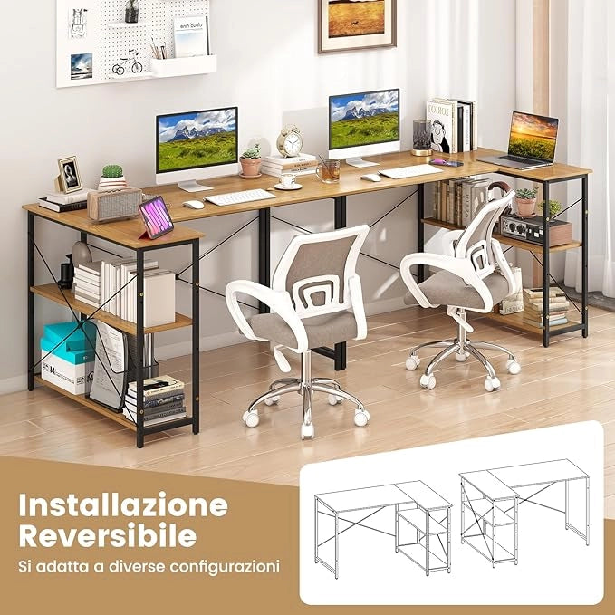 Scrivania Angolare a Forma di L, Scrivania ad Angolo Salvaspazio e Reversibile con Ripiano Regolabile e Struttura in Metallo Resistente, Tavolo per Ufficio e Casa (Legno)
