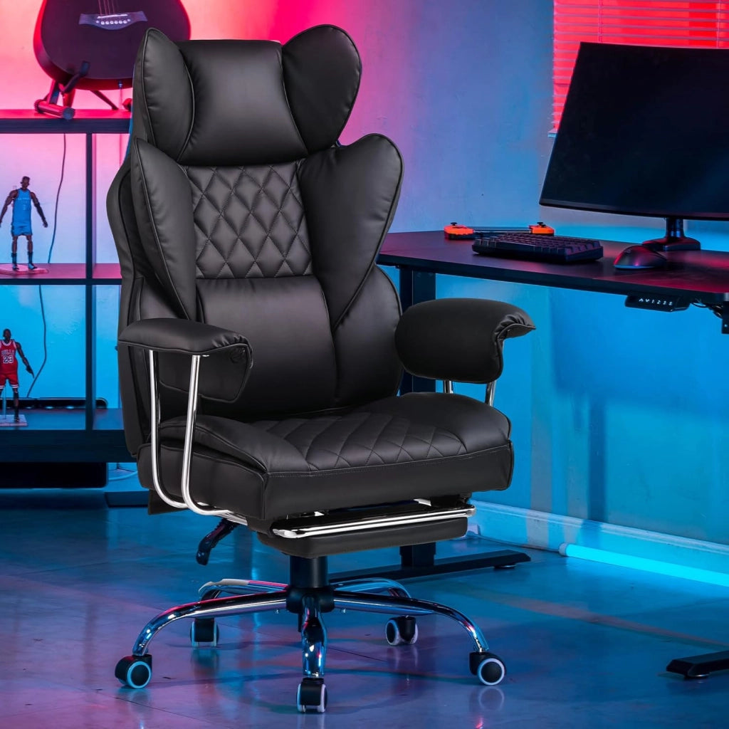 Sedia da gioco, ergonomica da ufficio con supporto lombare a molle insacchettate, seduta ampia con braccioli morbidi e poggiapiedi, regolabile in altezza, nero scuro