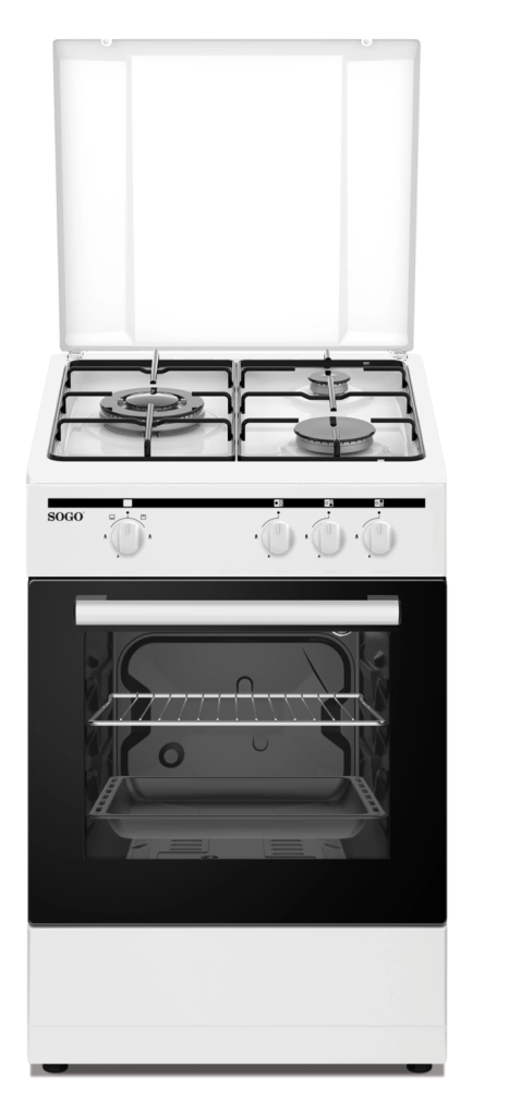 Cucina a gas 3 fuochi con forno 49 litri, potenza 9,85 kW, dimensioni 50x55 cm, colore bianco smaltato - SOGO
