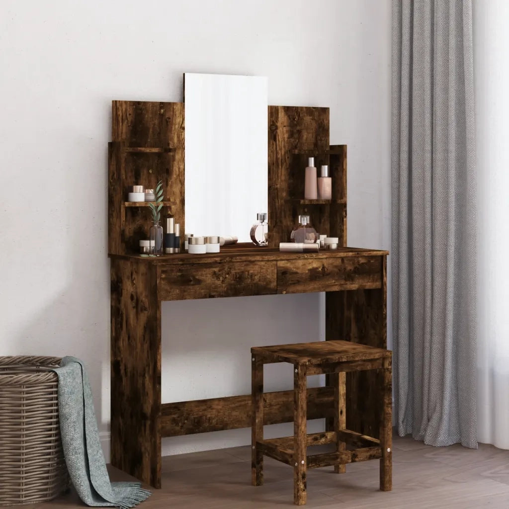 Toeletta con Specchio-Tavolo da Vanit¨¤ Rovere Fumo 96x39x142 cm