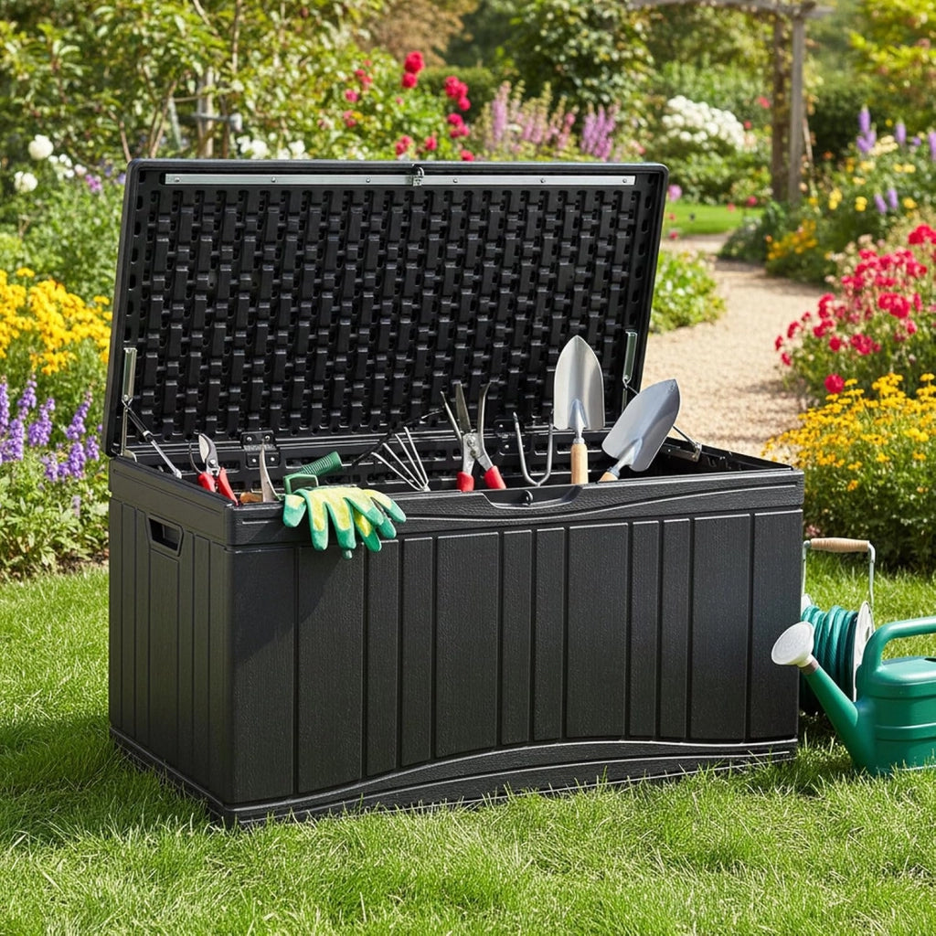 Scatola da giardino da 300 l, impermeabile con coperchio, contenitore per cuscini in plastica, contenitore XXL per cuscini, attrezzi da giardino e giocattoli per bambini (nero)
