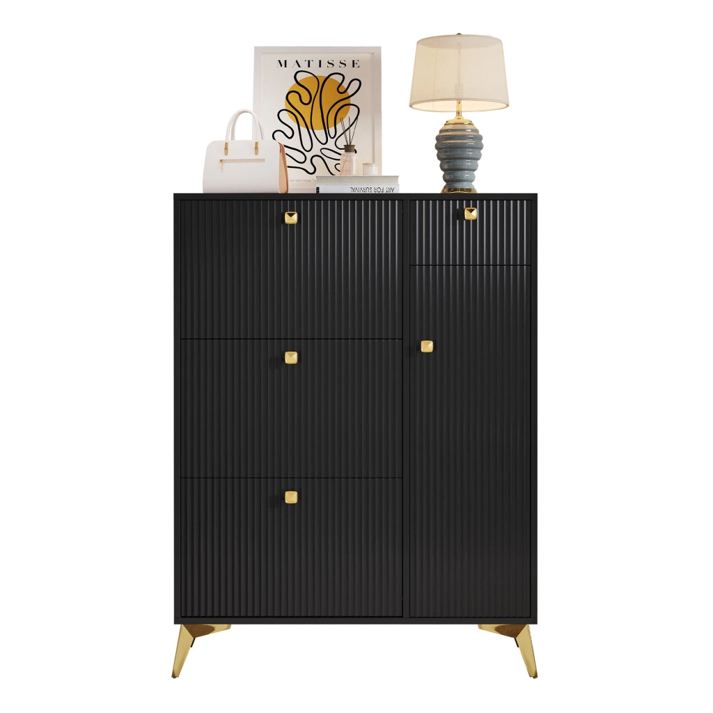 Scarpiera moderna nera con ante; cassetto e maniglie in metallo; 90x25x121 cm