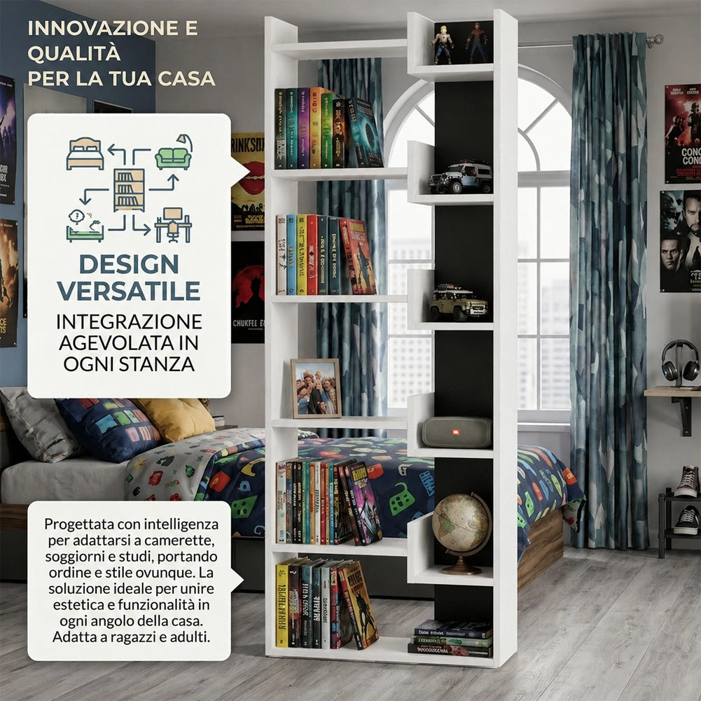 Libreria a 6 Ripiani 60,5x22x162,5 cm Scaffalatura Verticale Moderna Bianco e Antracite