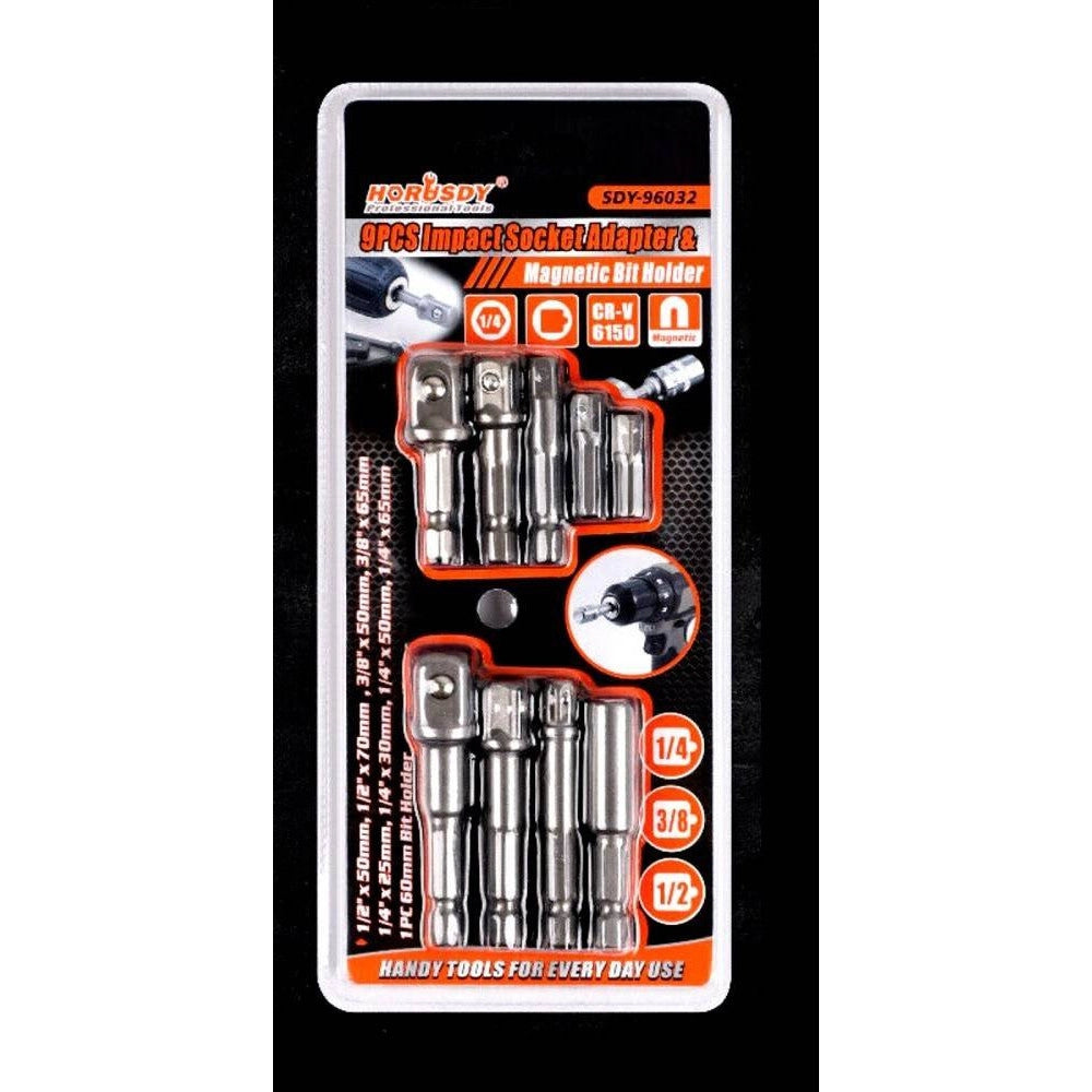 Trade Shop - Set 9 Pz Adattatori Per Bussola 1/4" 3/8" 1/2" Per Avvitatore Trapano Sdy-96032 -