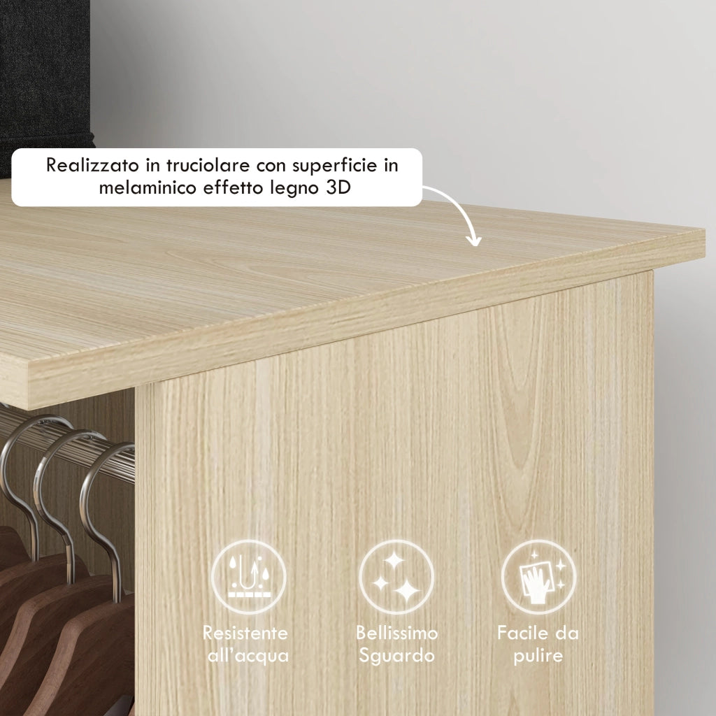 Armadio Guardaroba a Rotelle con 2 Barre e 3 Ripiani Aperti, in Legno e Alluminio, 120x40x128 cm, Color Legno