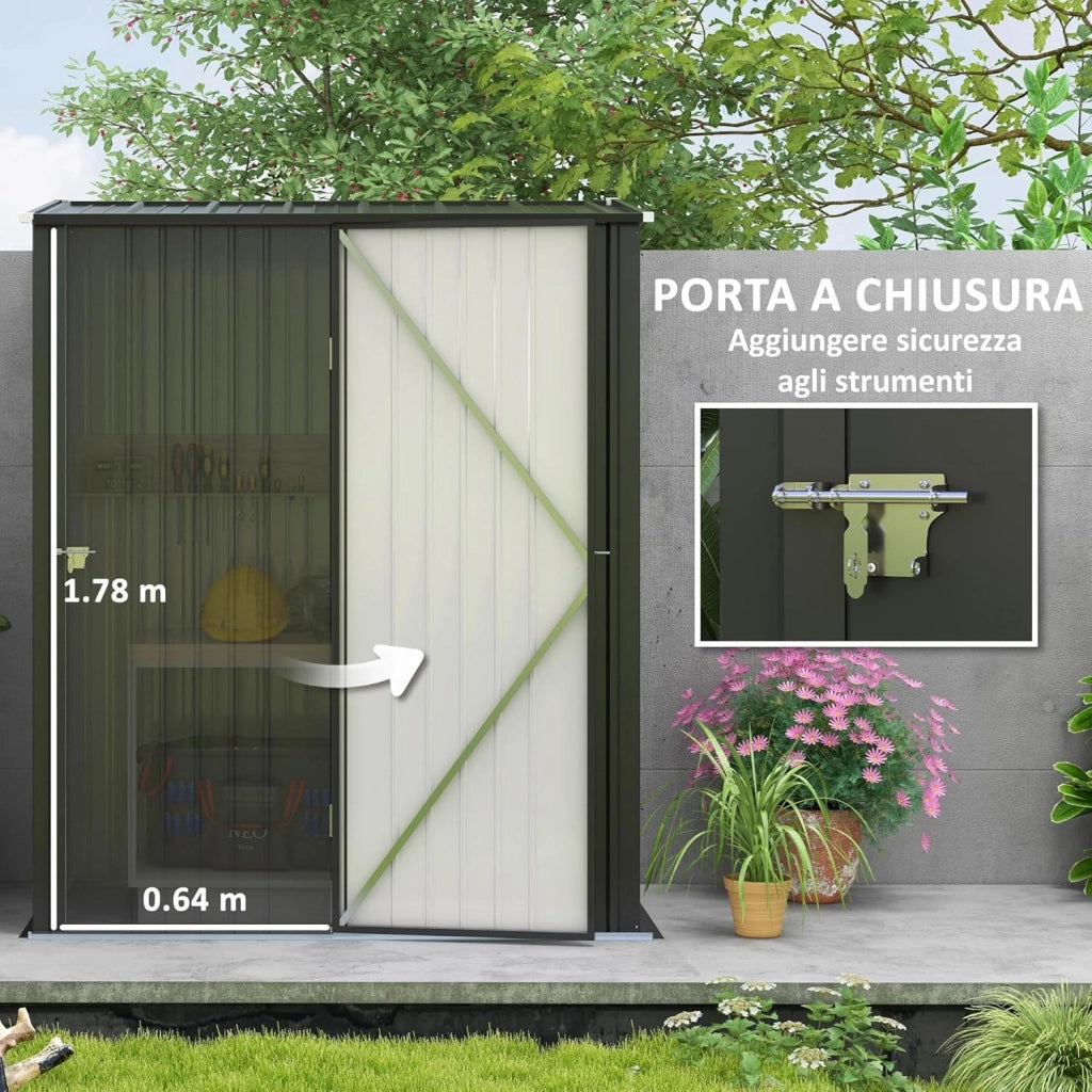 Casetta da Giardino 1.34m² in Acciaio Zincato, Capanno da Giardino con Tetto Inclinato, Guanti e Porta Bloccabile, Capanno Porta Attrezzi, 161.5x94.5x196cm, Nero