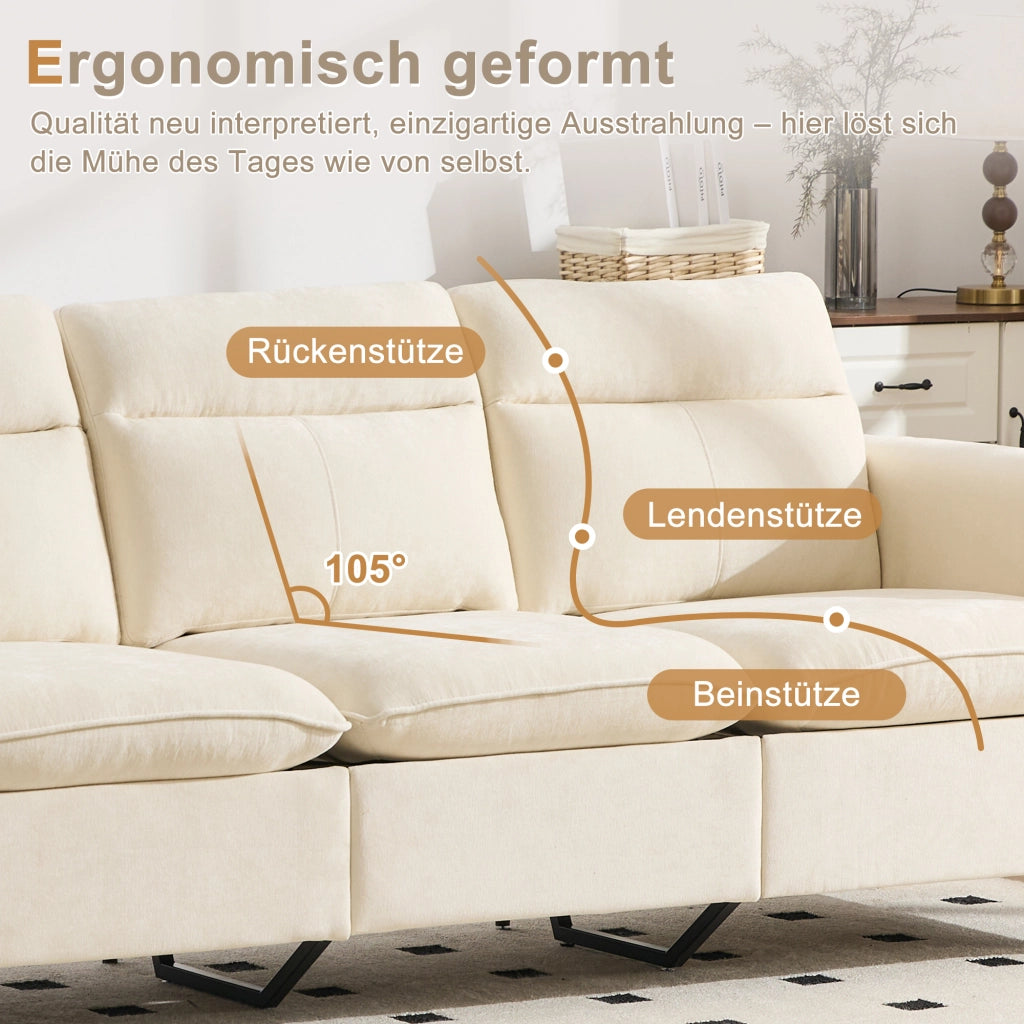 Divano a U modulare per 4 persone con 2 pouf contenitore, tasche laterali e piedi in legno massello in ciniglia beige