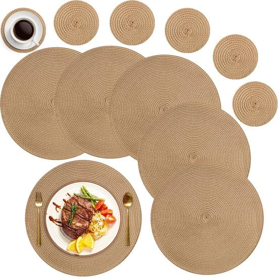 Set di piatti rotondi per tavola da 6 pezzi con sottopiatte, piatti rotondi in tessuto resistente al calore da 34 cm, piatti anti-scivolo per cucina per festa di compleanno, matrimonio, Natale - marrone.