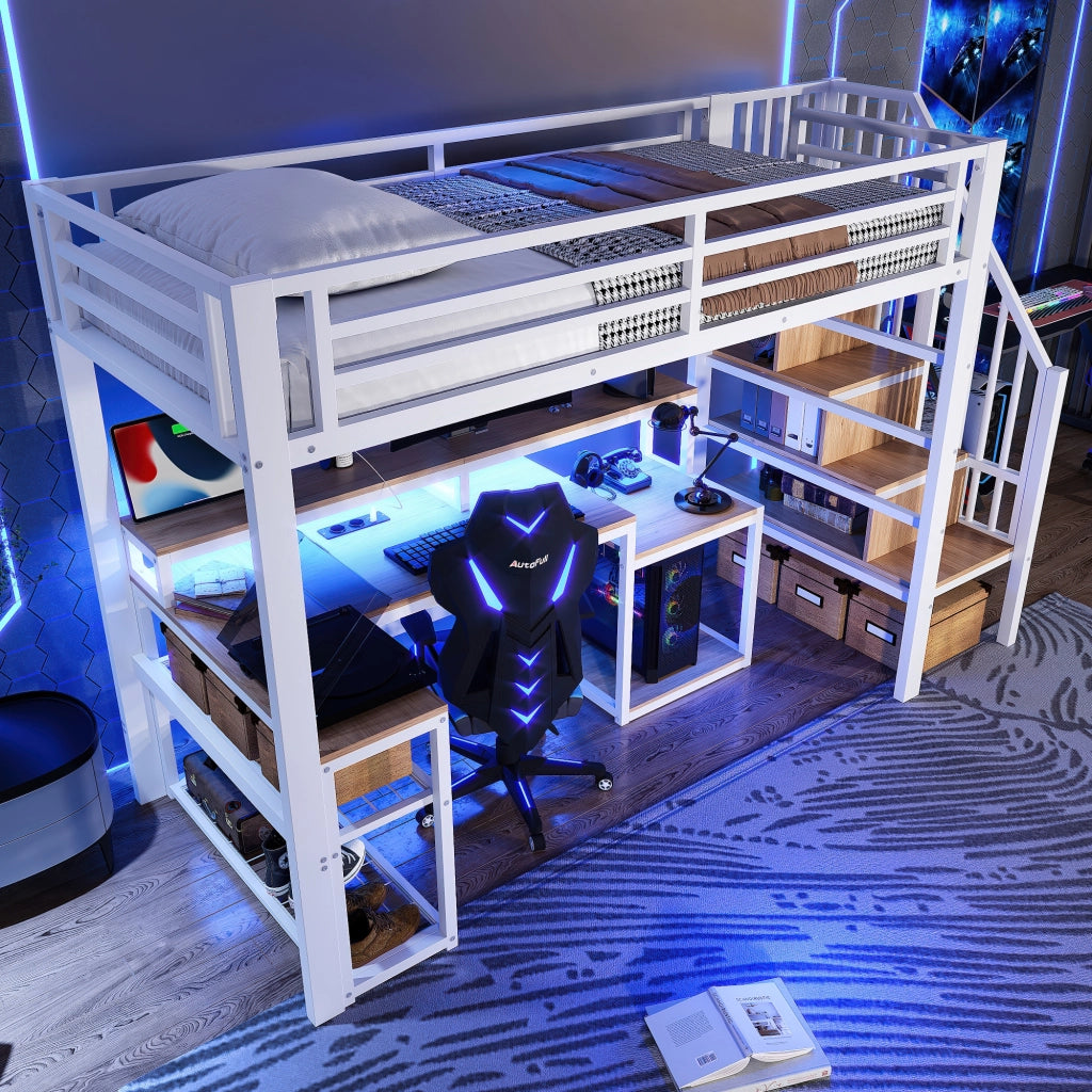 Letto a castello bianco in metallo con funzione scrivania e illuminazione LED 90x200 cm