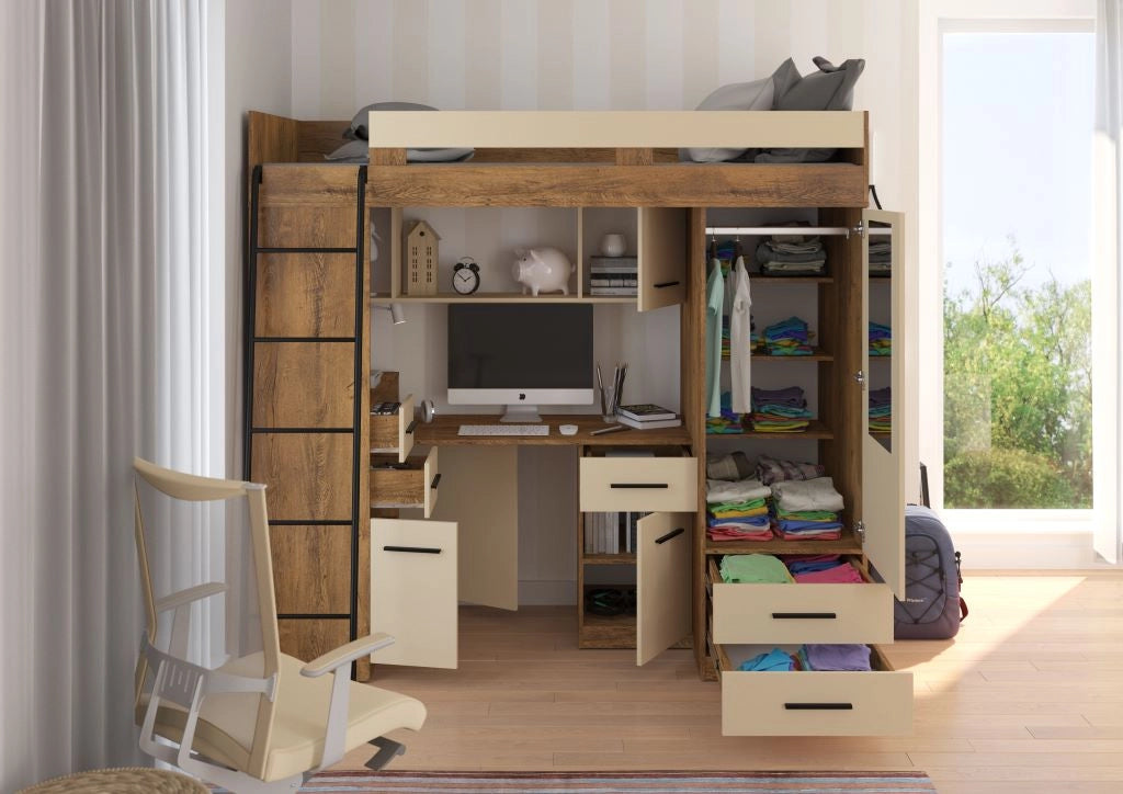 BIM Furniture letto soppalco con scrivania SMYK L cm110x204x188h Rovere scuro Crema