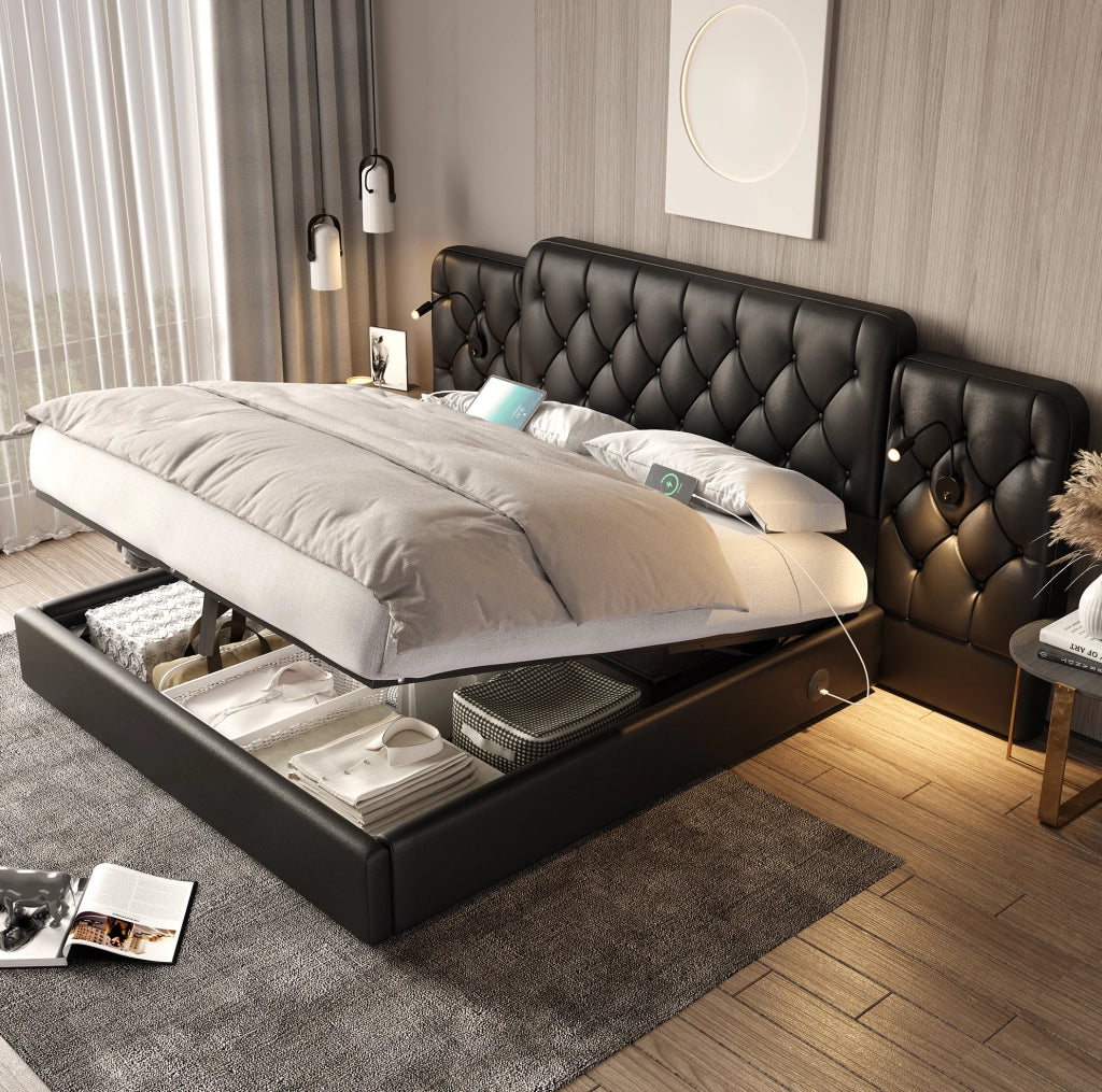 Letto 160x200 cm con testiera allungata; luci da lettura; USB e contenitore in PU nero