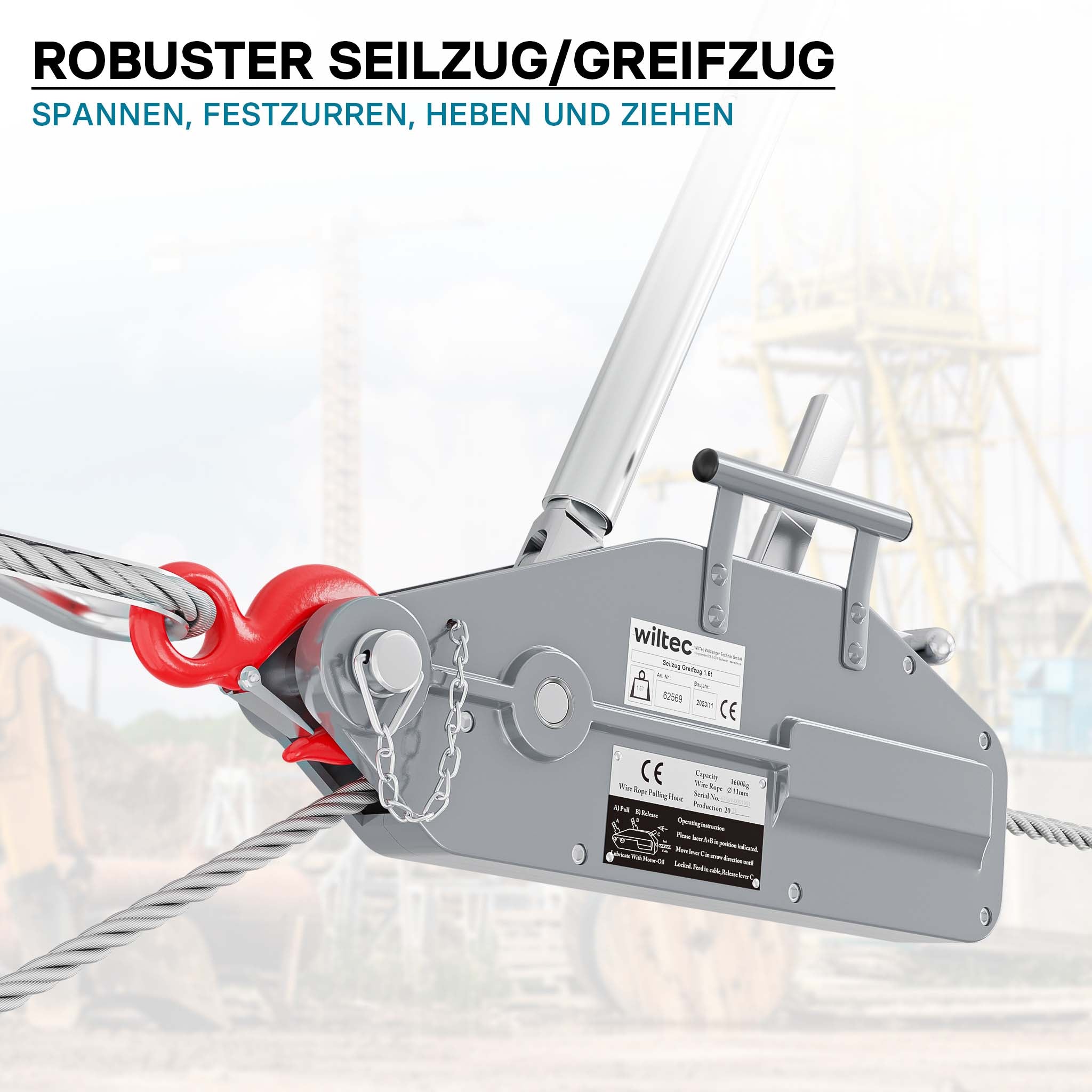 Paranco a fune max 1600kg fune 20m Ø11mm per sollevamento spostamento carichi