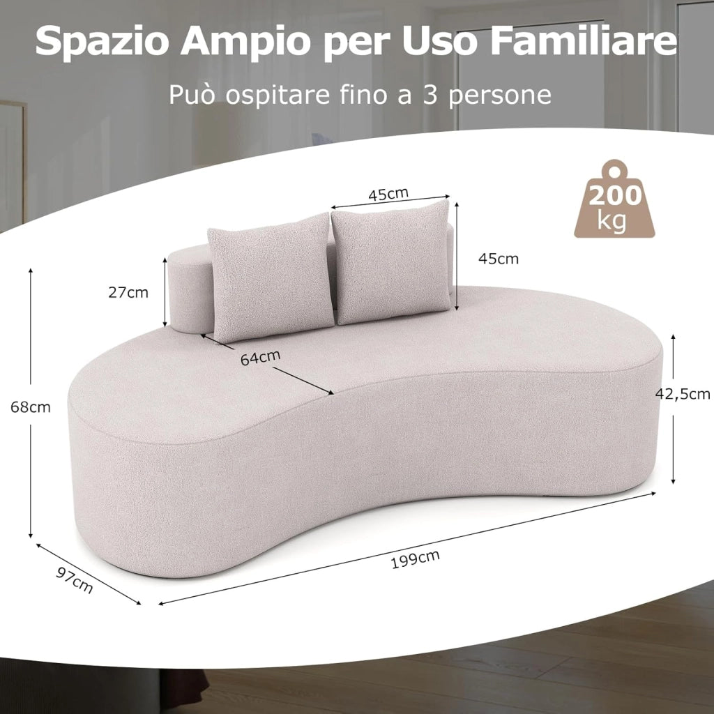 Divano Imbottito Curvo, Divano a Pavimento con 2 Cuscini Accoglienti, Schienale Basso e Seduta in Spugna, Fondo Antiscivolo, Moderno, 199 x 97 x 68 cm (Grigio)