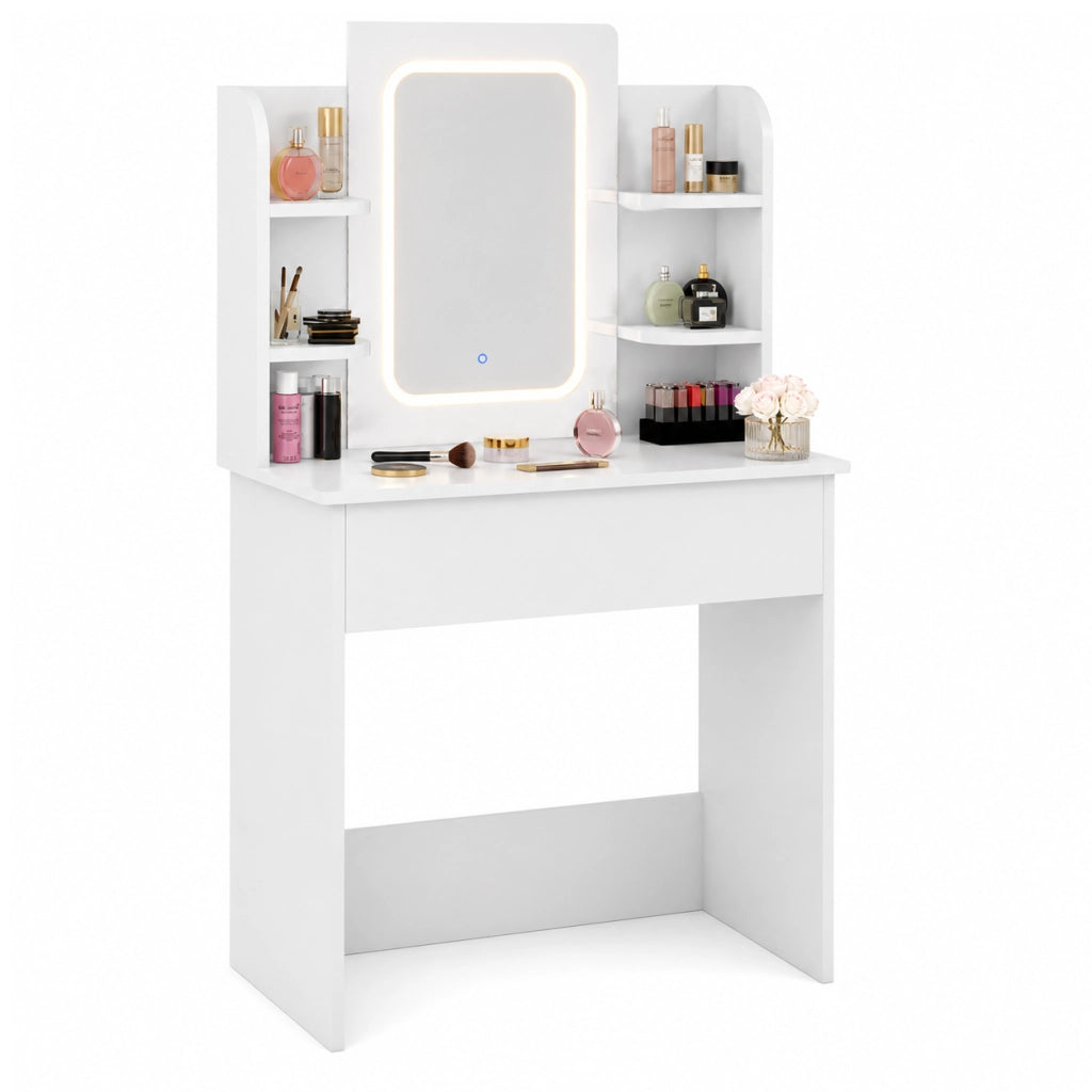 Consolle Trucco con Specchio Led Mobile Makeup 85x40 H140 cm 1 Cassetto 4 Ripiani Luce Regolabile Usb Bianco